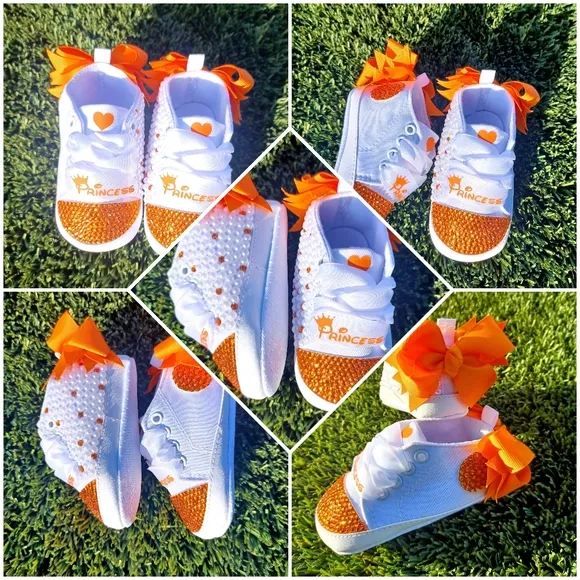 Orange Princess Embellished Baby Shoes with bow: OTHER COLORS AVAIL. BY REQUEST