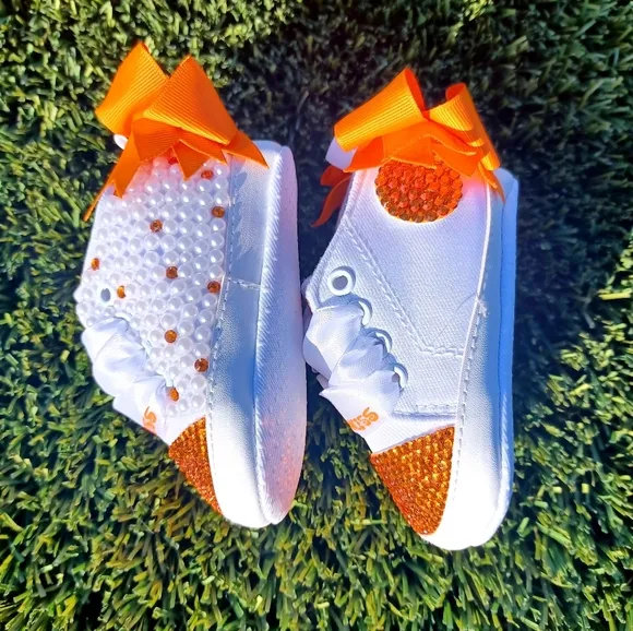 Orange Princess Embellished Baby Shoes with bow: OTHER COLORS AVAIL. BY REQUEST