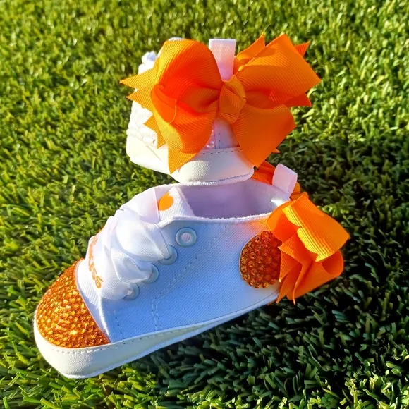 Orange Princess Embellished Baby Shoes with bow: OTHER COLORS AVAIL. BY REQUEST