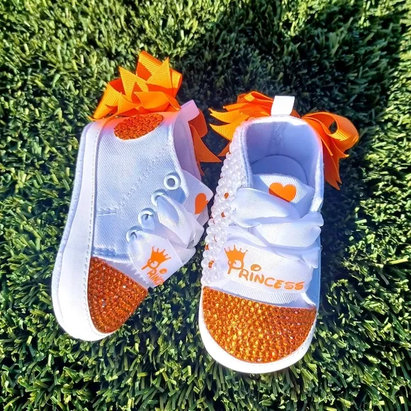 Orange Princess Embellished Baby Shoes with bow: OTHER COLORS AVAIL. BY REQUEST