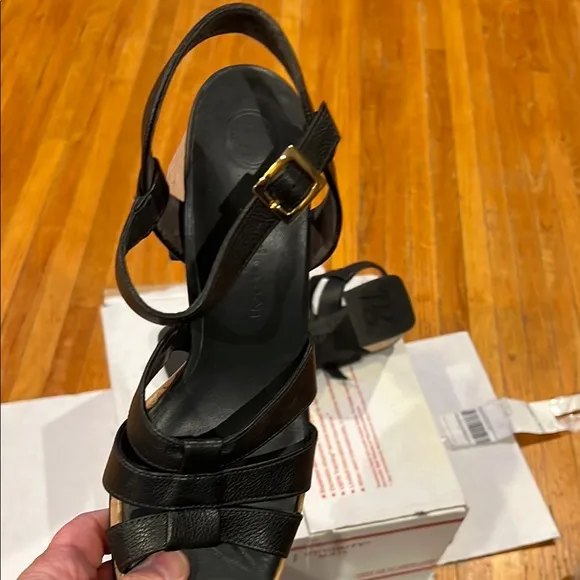 Paul Green Black Platform Sandals with Cork Wedge