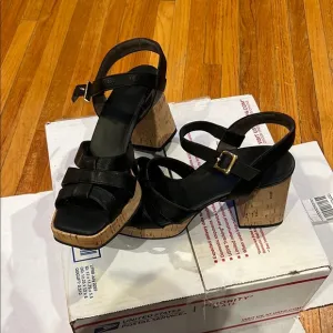 Paul Green Black Platform Sandals with Cork Wedge