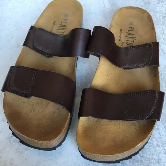 Plakton Mens Brown Leather Slide Sandals Spain Size EU 42