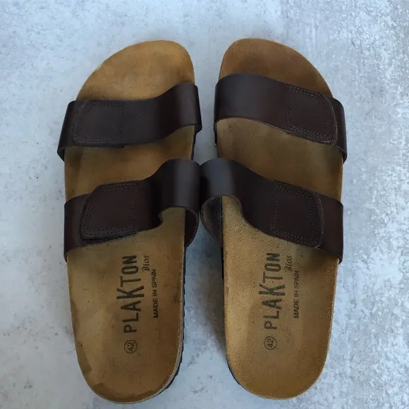 Plakton Mens Brown Leather Slide Sandals Spain Size EU 42