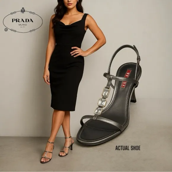 PRADA-AUTHENTIC LUXURY GUNMETAL LEATHER CRYSTALS IT 38  US 7.5