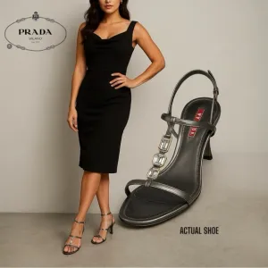 PRADA-AUTHENTIC LUXURY GUNMETAL LEATHER CRYSTALS IT 38  US 7.5