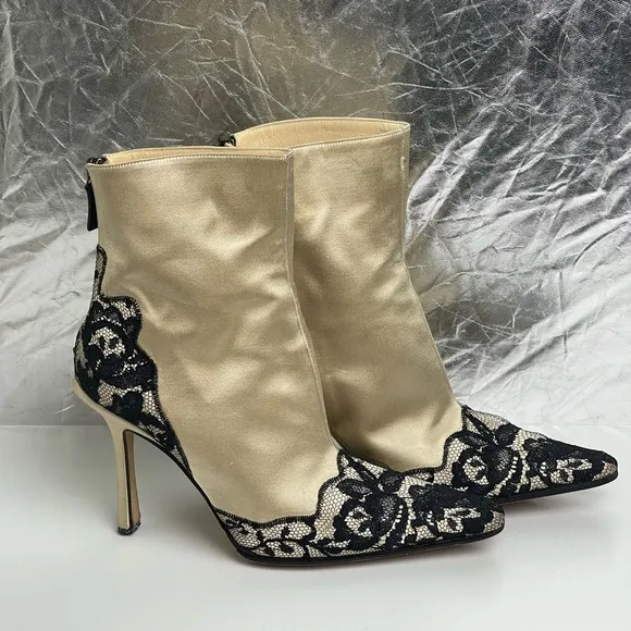 Pre-owned JIMMY CHOO Beige Satin Black Lace Detail Casual Boots