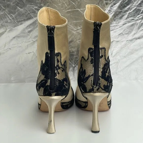 Pre-owned JIMMY CHOO Beige Satin Black Lace Detail Casual Boots