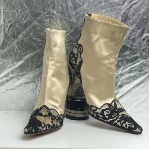 Pre-owned JIMMY CHOO Beige Satin Black Lace Detail Casual Boots