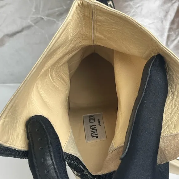 Pre-owned JIMMY CHOO Beige Satin Black Lace Detail Casual Boots