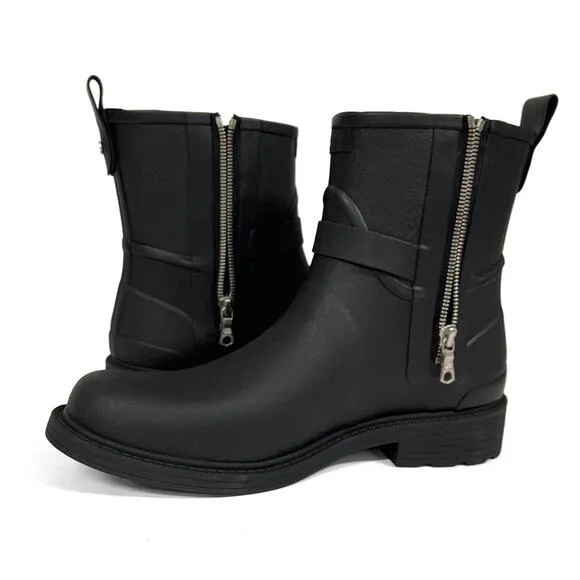 rag &amp; bone Moto Rain Boots Sz 10 40 New $225 Black Rubber Low Heel Side Zippers