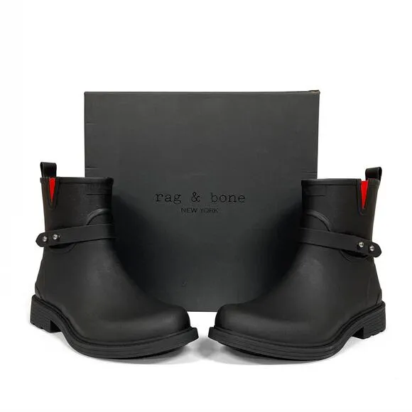 rag &amp; bone Moto Rain Boots Sz 10 40 New $225 Black Rubber Low Heel Side Zippers