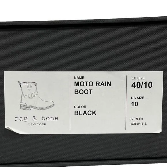 rag &amp; bone Moto Rain Boots Sz 10 40 New $225 Black Rubber Low Heel Side Zippers