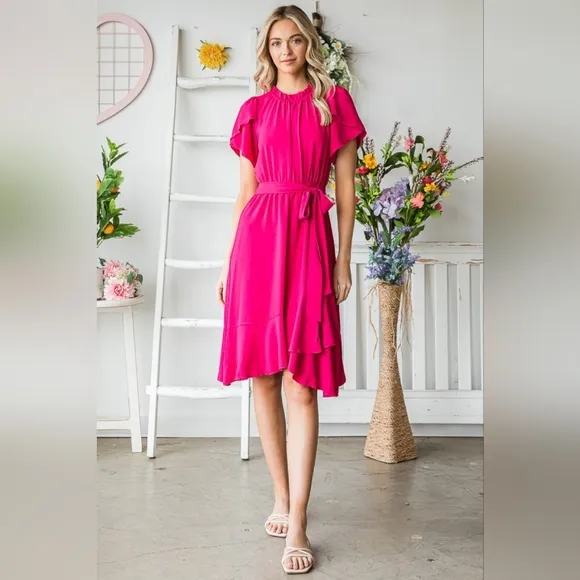 Reborn J Tie Waist Ruffle Trim Short Sleeve Dress