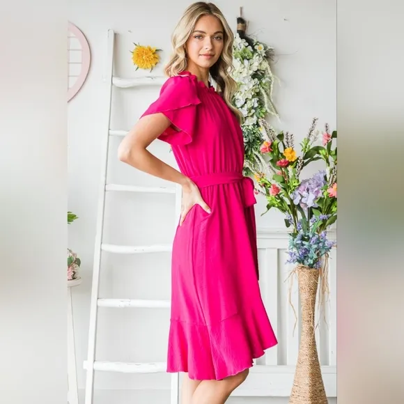 Reborn J Tie Waist Ruffle Trim Short Sleeve Dress