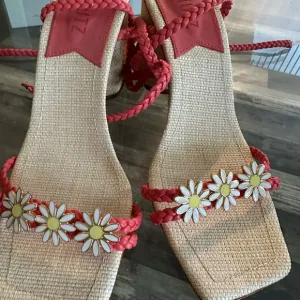 Red Braided Sandals with Daisy Accents