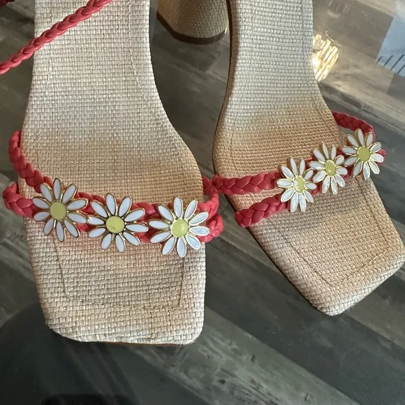 Red Braided Sandals with Daisy Accents