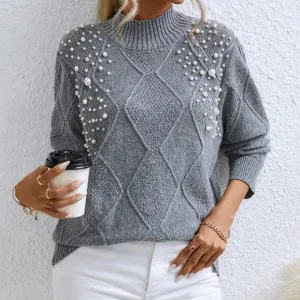 Relaxiva Pearls Beaded Mock Neck Sweater
