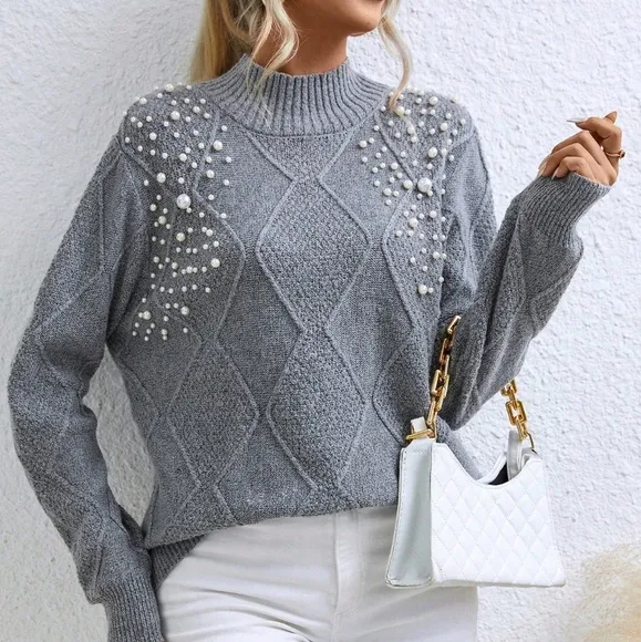 Relaxiva Pearls Beaded Mock Neck Sweater
