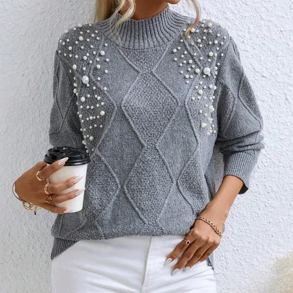 Relaxiva Pearls Beaded Mock Neck Sweater