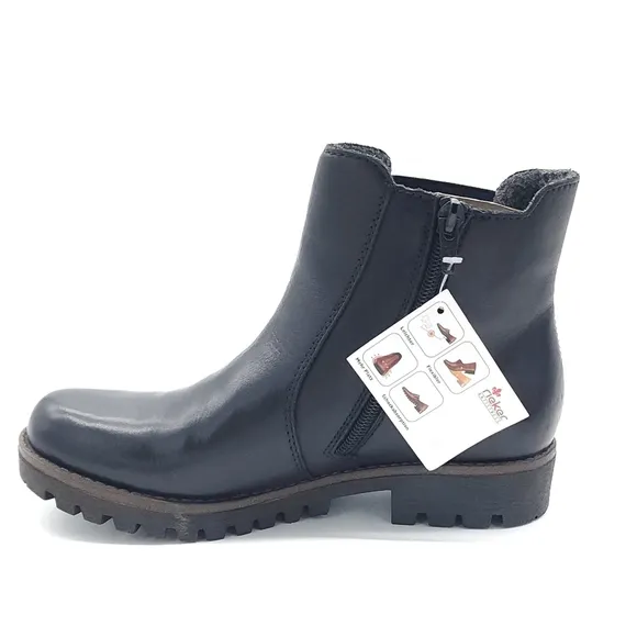 Rieker Women's Payton 70 Black Leather Casual Chelsea Block Heel Boots Size 6