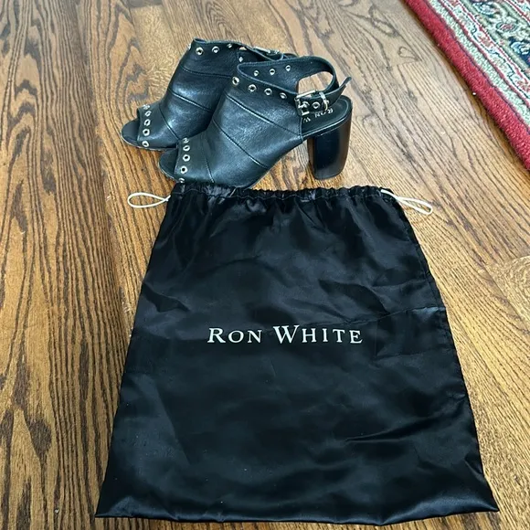 Ron White Designer Shoes, black leather grommeted sandals, size 39 EU (8.5-9 US)
