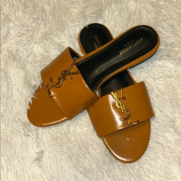 Saint Laurent Tan Sandals with Gold Logo