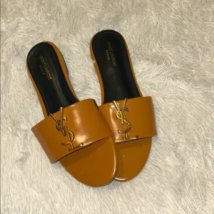 Saint Laurent Tan Sandals with Gold Logo