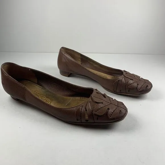 Salvatore‎ Ferragamo Ballet Flats Women 9 Brown Leather Leaf Applique Shoes