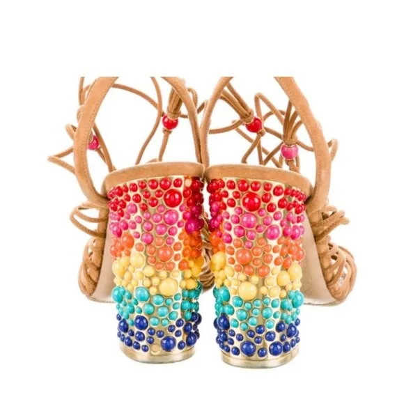 Salvatore Ferragamo Rainbow Suede Lace-up Gladiator Sandal Heels Size 7.5M Italy
