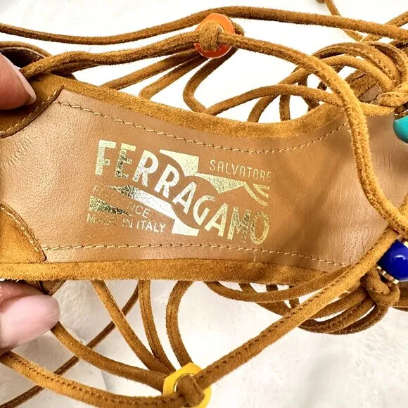 Salvatore Ferragamo Rainbow Suede Lace-up Gladiator Sandal Heels Size 7.5M Italy