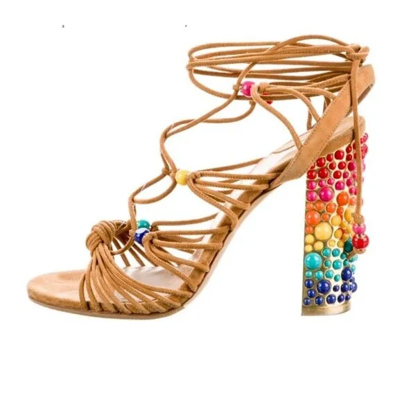 Salvatore Ferragamo Rainbow Suede Lace-up Gladiator Sandal Heels Size 7.5M Italy