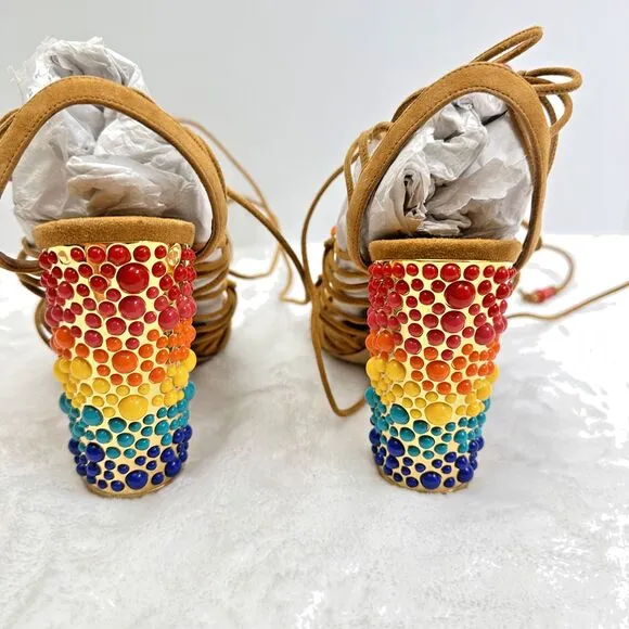 Salvatore Ferragamo Rainbow Suede Lace-up Gladiator Sandal Heels Size 7.5M Italy