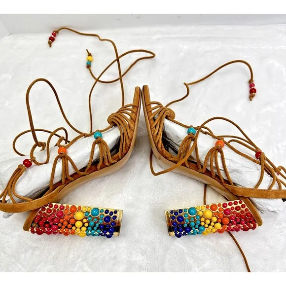 Salvatore Ferragamo Rainbow Suede Lace-up Gladiator Sandal Heels Size 7.5M Italy