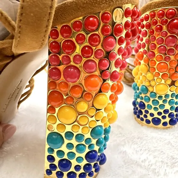Salvatore Ferragamo Rainbow Suede Lace-up Gladiator Sandal Heels Size 7.5M Italy