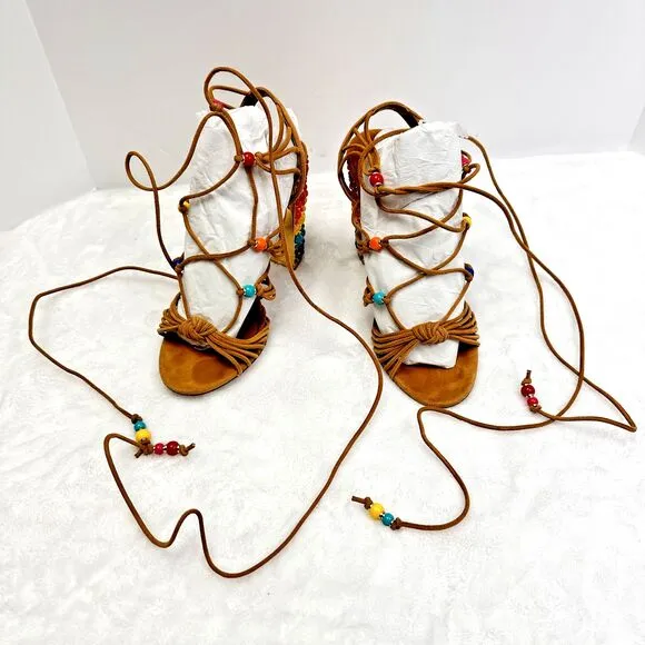 Salvatore Ferragamo Rainbow Suede Lace-up Gladiator Sandal Heels Size 7.5M Italy