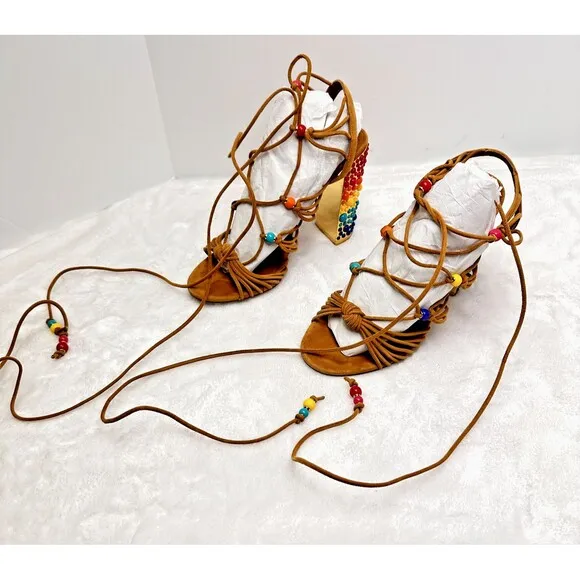 Salvatore Ferragamo Rainbow Suede Lace-up Gladiator Sandal Heels Size 7.5M Italy