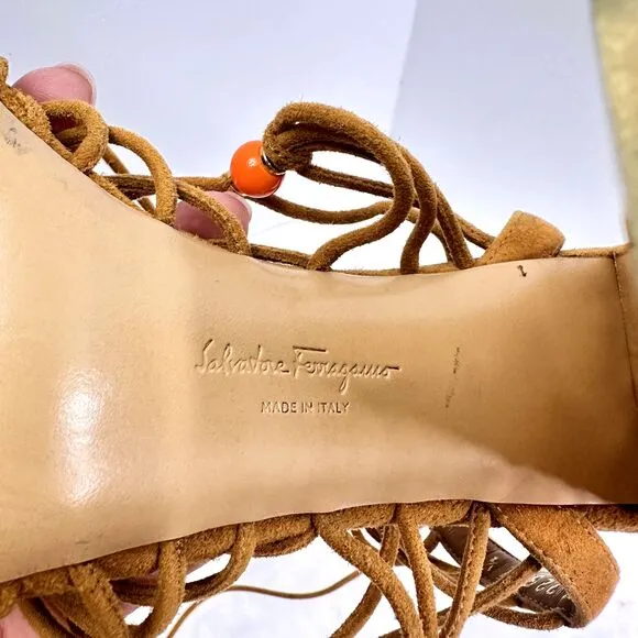 Salvatore Ferragamo Rainbow Suede Lace-up Gladiator Sandal Heels Size 7.5M Italy
