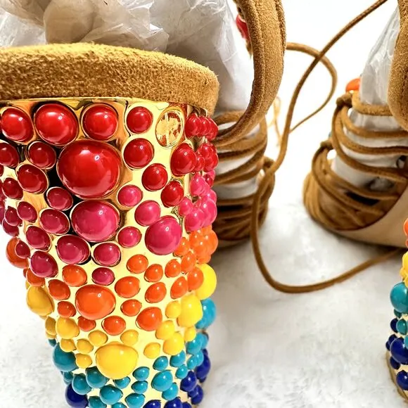 Salvatore Ferragamo Rainbow Suede Lace-up Gladiator Sandal Heels Size 7.5M Italy