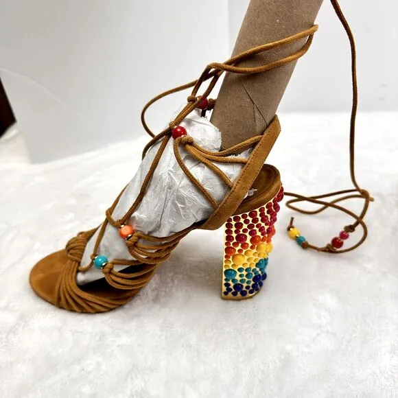 Salvatore Ferragamo Rainbow Suede Lace-up Gladiator Sandal Heels Size 7.5M Italy