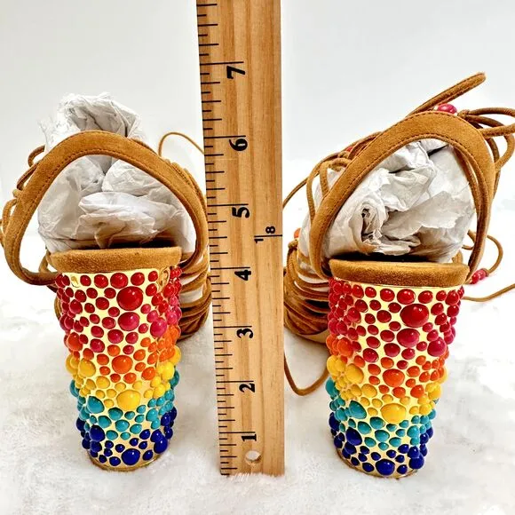 Salvatore Ferragamo Rainbow Suede Lace-up Gladiator Sandal Heels Size 7.5M Italy