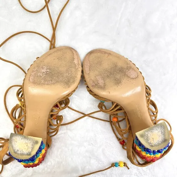 Salvatore Ferragamo Rainbow Suede Lace-up Gladiator Sandal Heels Size 7.5M Italy