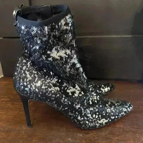 Sam Edelman Black Olson Galaxy Sequin Stiletto Sock Bootie Size 9.5 Sparkle