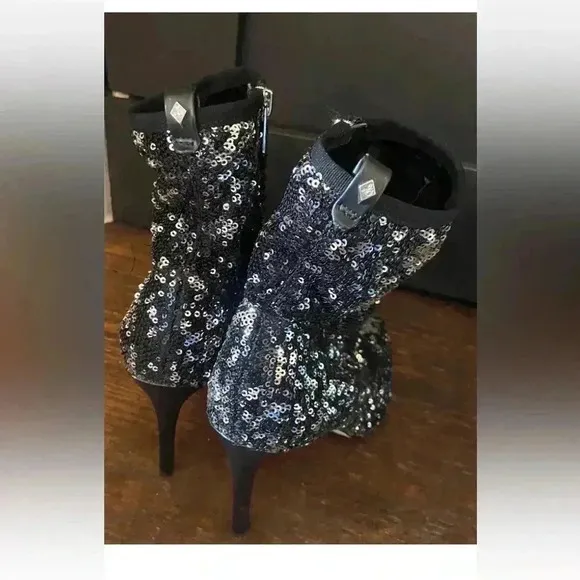 Sam Edelman Black Olson Galaxy Sequin Stiletto Sock Bootie Size 9.5 Sparkle