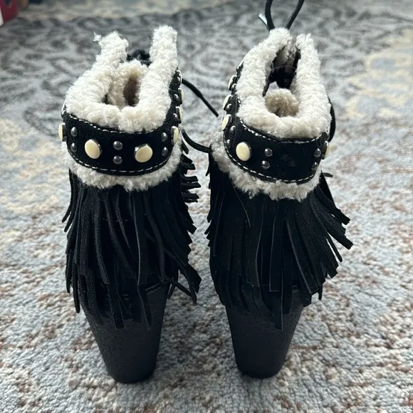Sam Edelman Black Suede Leather Fringe Studded Kemper Wedge Boots Black 8.5