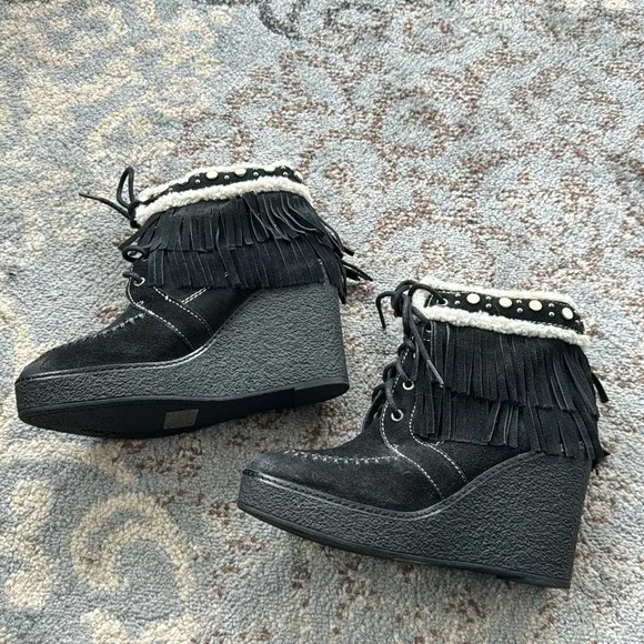 Sam Edelman Black Suede Leather Fringe Studded Kemper Wedge Boots Black 8.5
