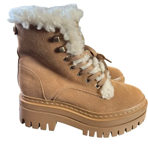 Sam Edelman Kyler Suede Shearling Trim Lace Up Combat Boots Cozy Warm NEW Size 6