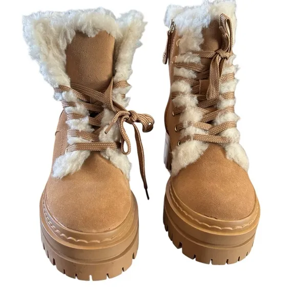 Sam Edelman Kyler Suede Shearling Trim Lace Up Combat Boots Cozy Warm NEW Size 6