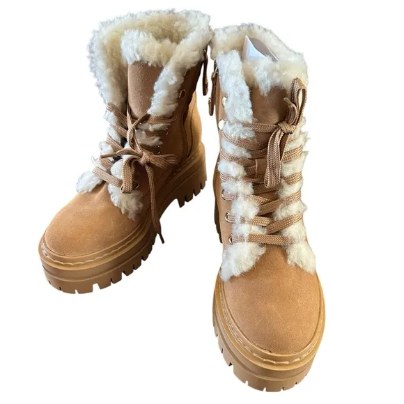 Sam Edelman Kyler Suede Shearling Trim Lace Up Combat Boots Cozy Warm NEW Size 6