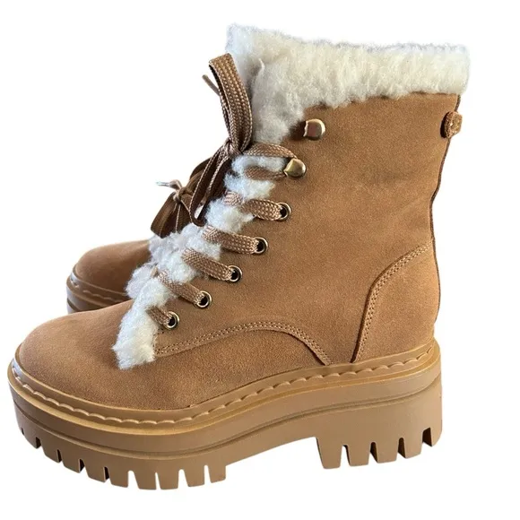 Sam Edelman Kyler Suede Shearling Trim Lace Up Combat Boots Cozy Warm NEW Size 6